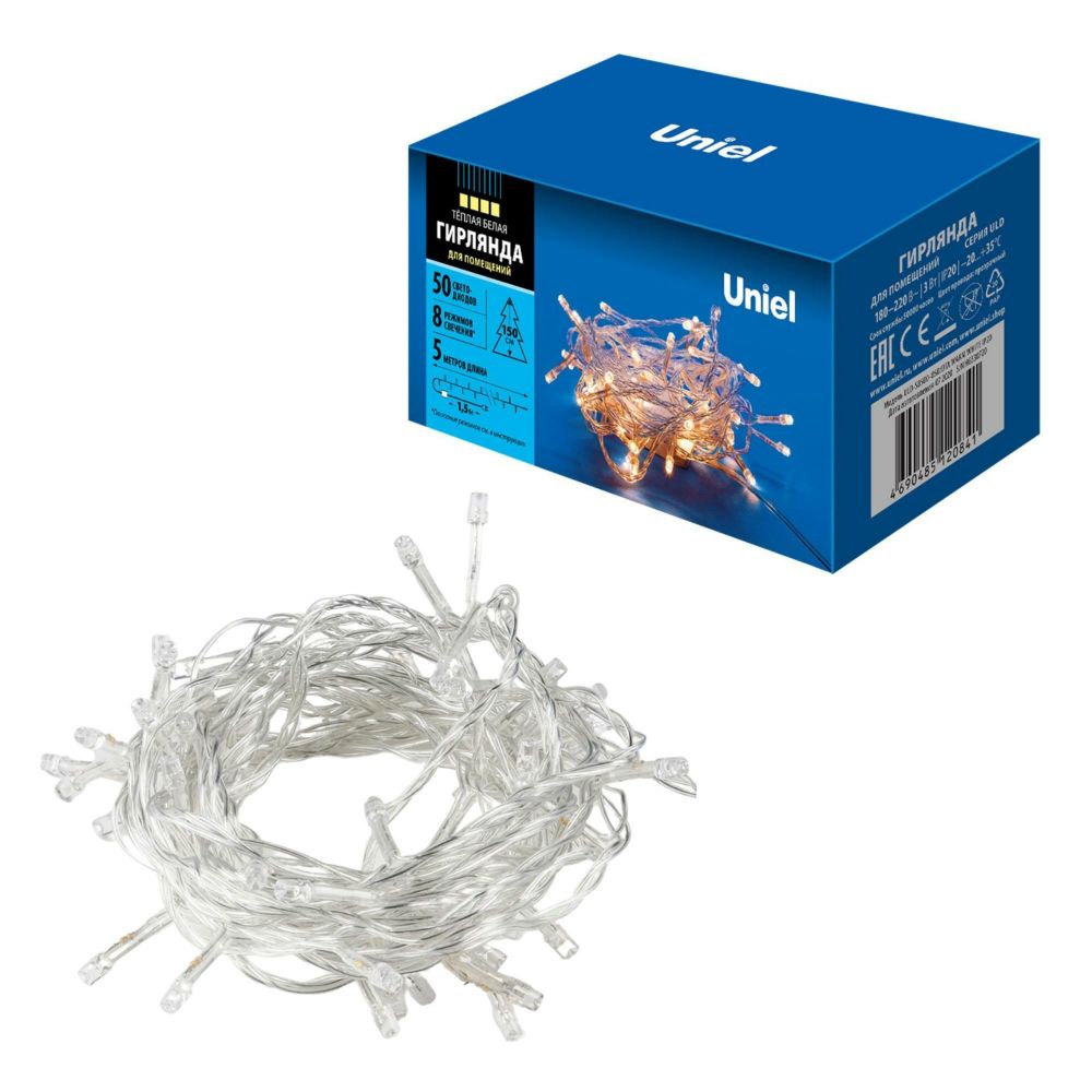 ULD-S0500-050/DTA WARM WHITE IP20 Гирлянда светодиодная с контроллером, 5м. 50 светодиодов. Теплый белый свет. Провод прозрачный. ТМ Uniel