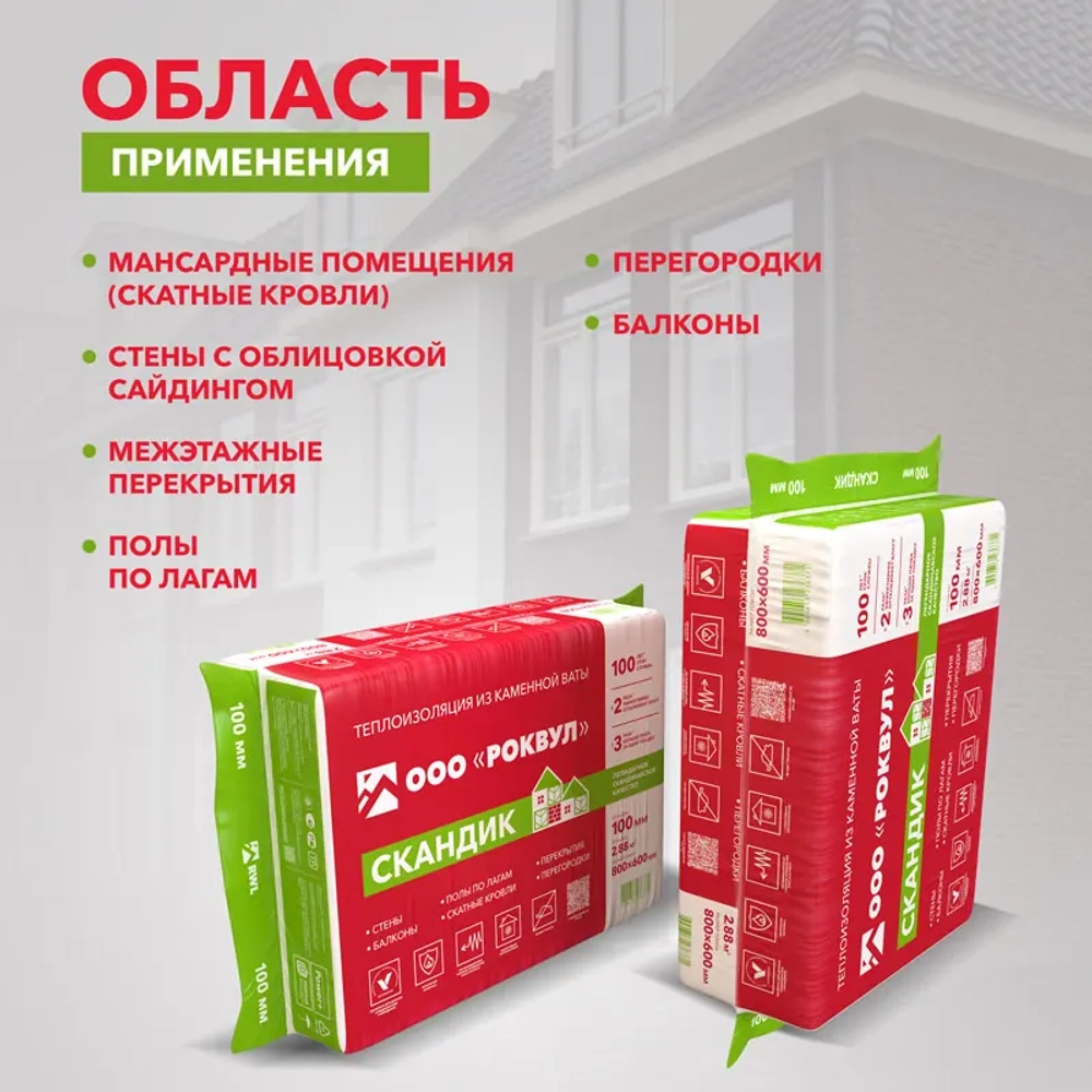 Утеплитель Роквул Лайт Баттс Скандик 800х600х100 мм