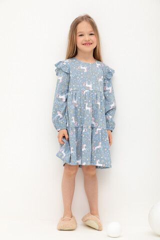 Платье  для девочки  К 5845/пыльно-синий,белые единороги