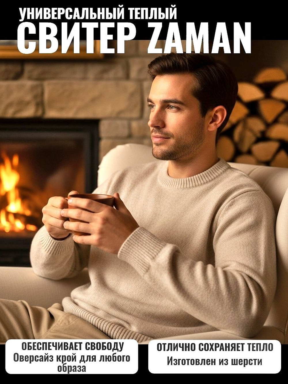 Унисекс свитер Zaman теплый оверсайз, размер 48-54, цвет молочный