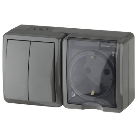 Блок розетка с выключателем ЭРА Эксперт 11-7402-03 двойной IP54 16A-10AX-250В ОУ серый