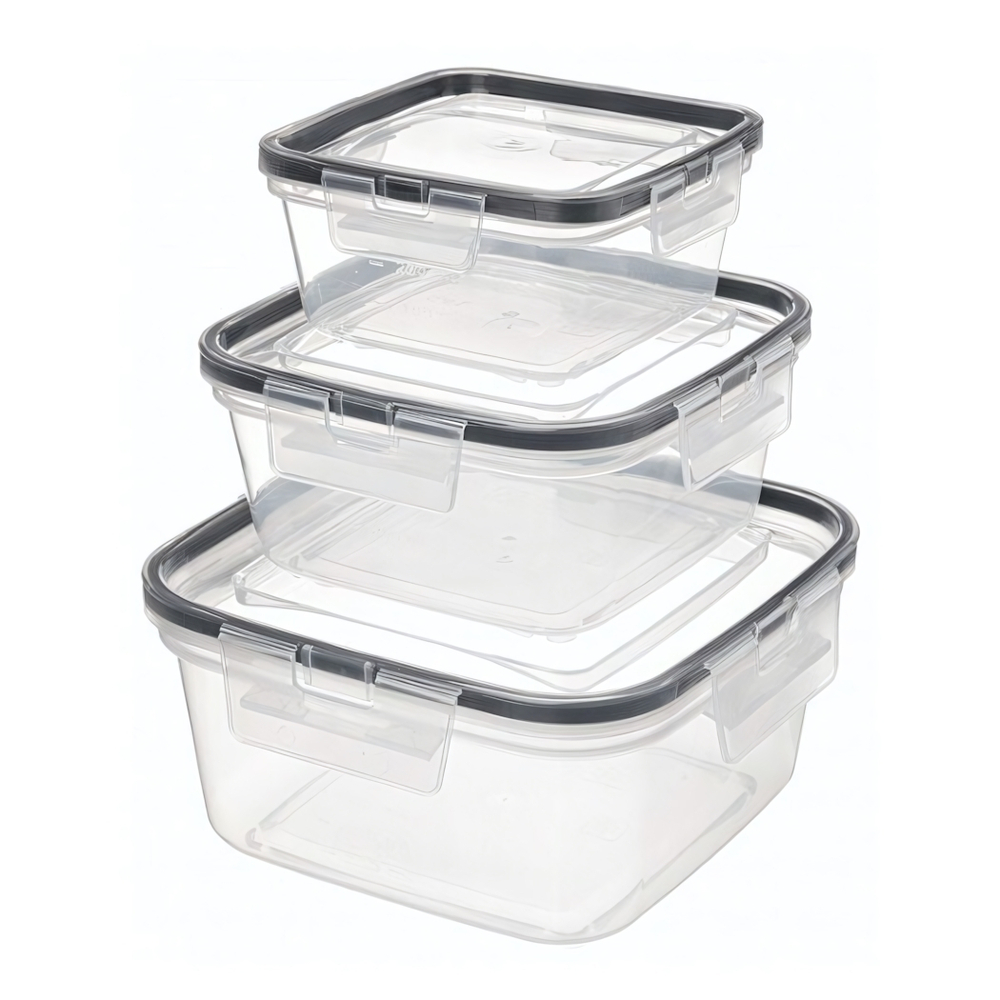 Комплект контейнеров для продуктов герметичных квадратных 0,4л+0,8л+1,5л с защелками (бесцветный)