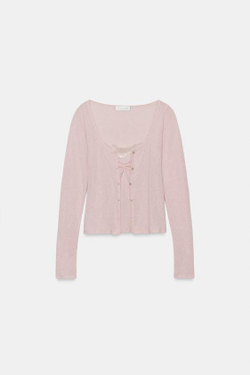 ZARA КАРДИГАН С КОНТРАСТНЫМ КРУЖЕВНЫМ ТОПОМ, РОЗОВЫЙ МЕЛАНЖ