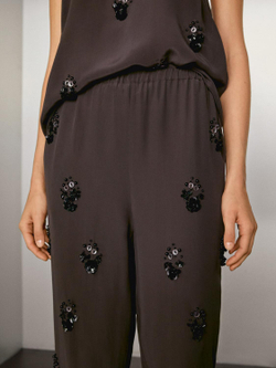 Massimo Dutti Брюки из струящейся ткани с цветочными деталями, антрацитово-серый