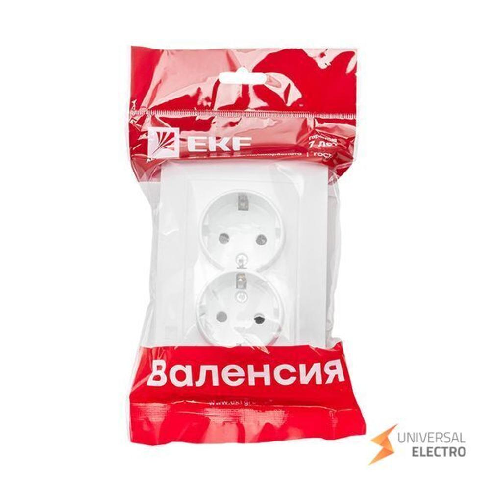 Валенсия розетка 2-местная с/з 16А белая с защ, штор, EKF PROxima