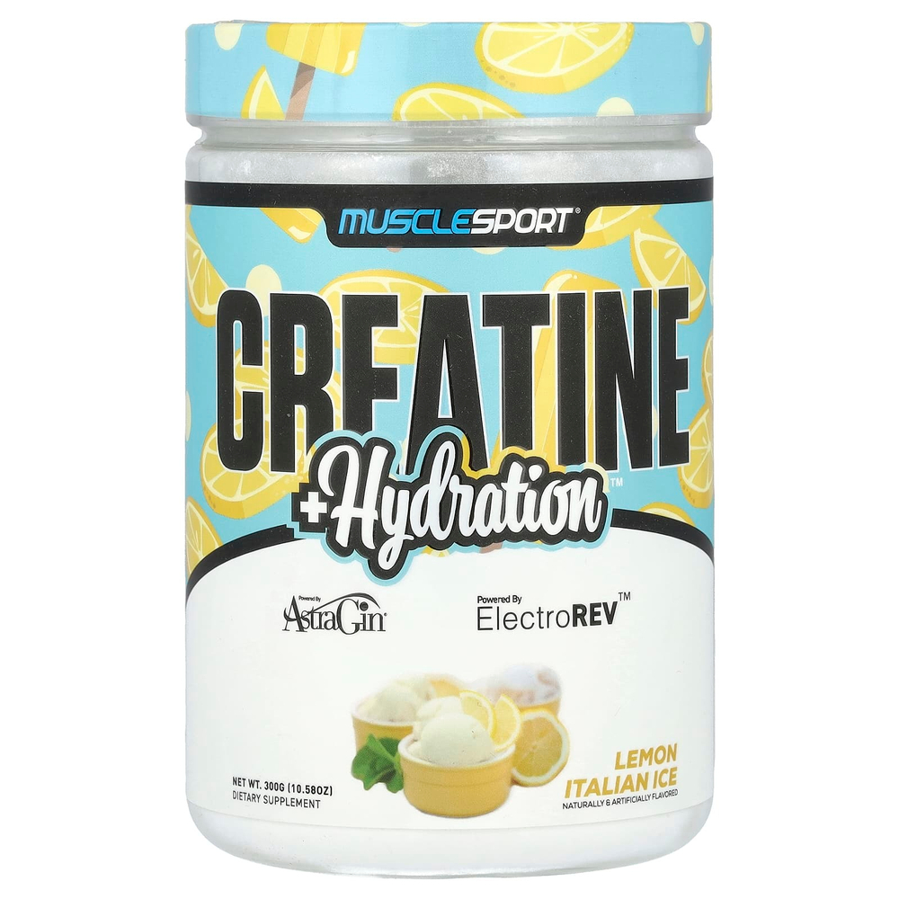 MuscleSport, креатин и увлажнение, продукт с итальянским лимоном, 300 г (10,58 унции)