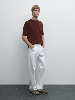 Massimo Dutti Хлопковая футболка с коротким рукавом, коричневый