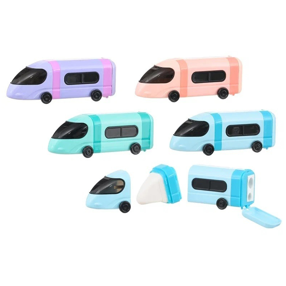 Точилка с ластиком Basir, двойная, с контейнером, серия "Автобус", 4 цвета корпуса, с крышкой, 11*3.5 см