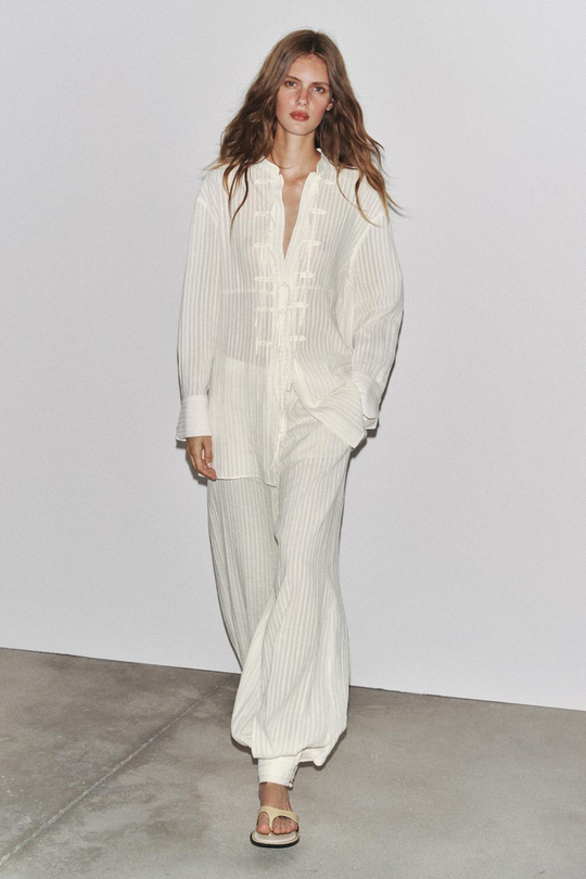 ZARA РУБАШКА В ПОЛОСКУ С ЗАВЯЗКАМИ — ZW COLLECTION, ЭКРЮ