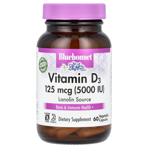 Bluebonnet Nutrition, витамин D3, 125 мкг (5000 МЕ), 60 вегетарианских капсул
