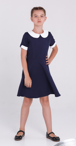 Платье школьное для девочки на последний звонок на первое 1 сентября СССР синее короткий рукав