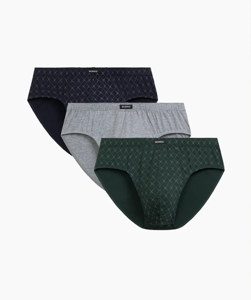 Мужские трусы слипы классика Atlantic, набор 3 шт., хлопок, тёмно-синие + серый меланж + зелёные, 3MP-205