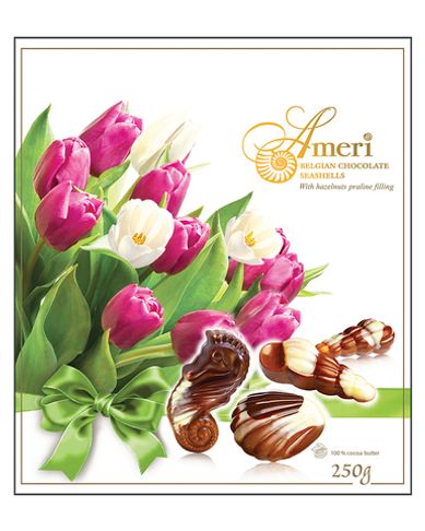 Шоколадные конфеты Ameri с начинкой пралине в упаковке с цветами, 250 г.