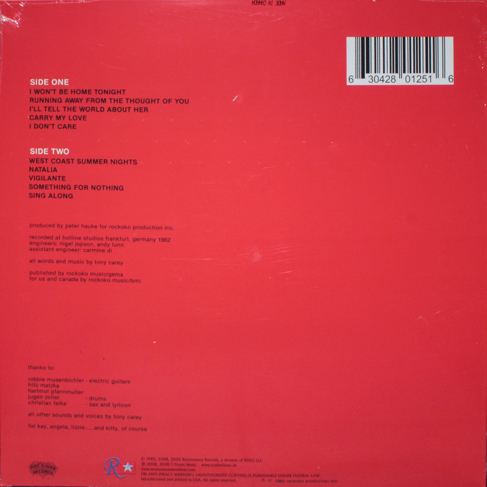 Tony Carey / I Won't Be Home Tonight (Coloured Vinyl)(LP)