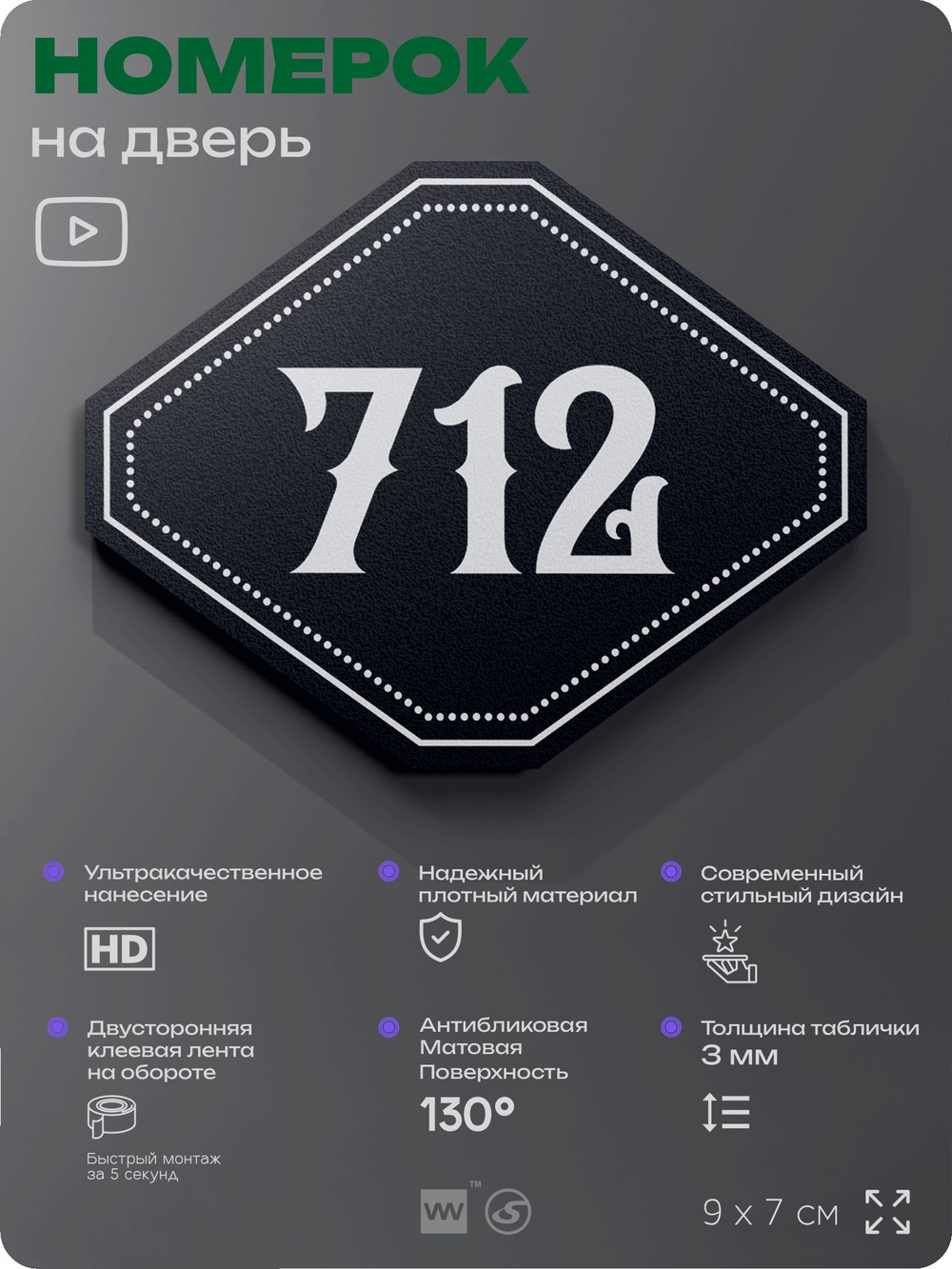 Номерок на дверь квартиры 712, для кабинета, офиса, шильдик 9 х 7 см, черный, Айдентика Технолоджи