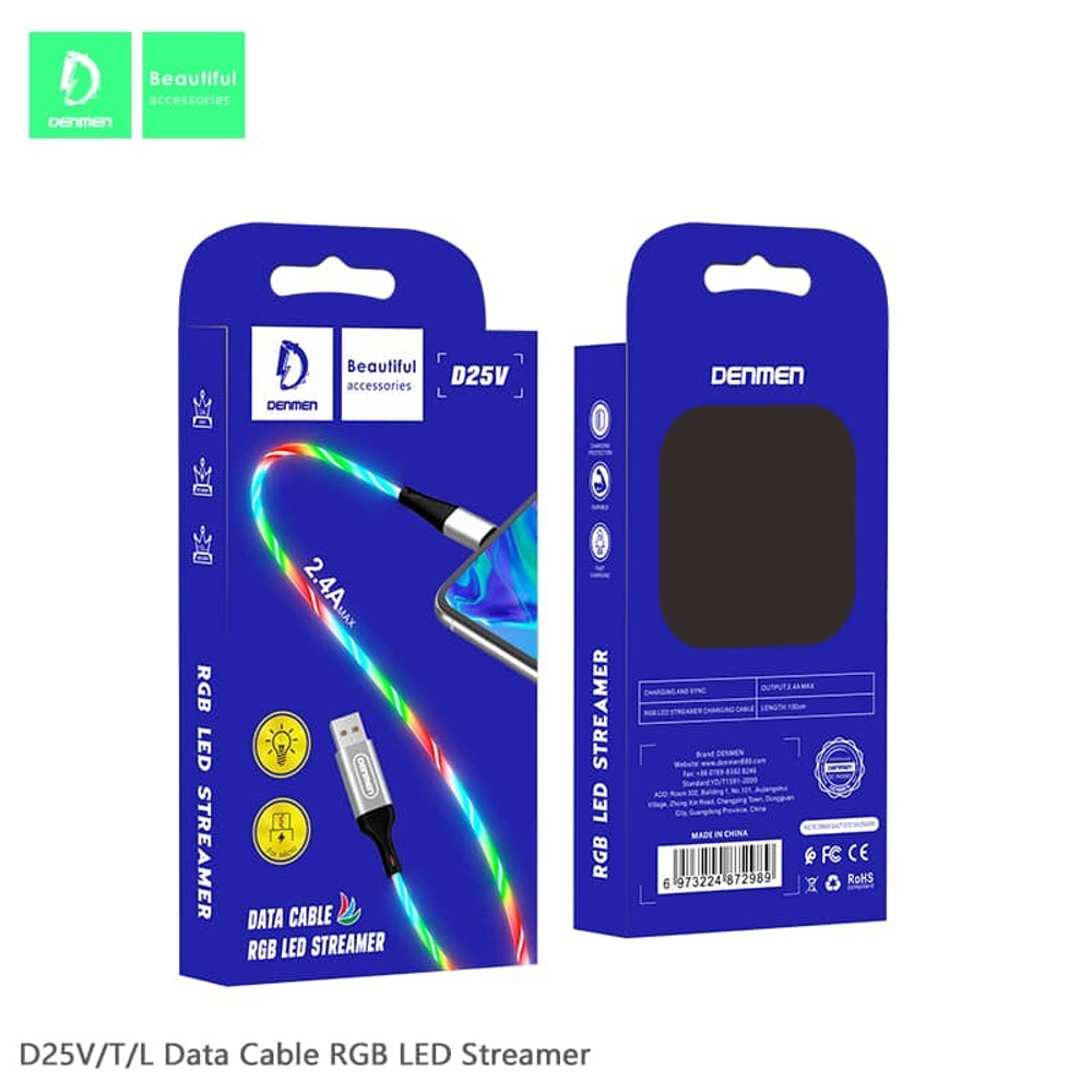 Кабель USB - TypeC DENMEN D25T 2.1A светящийся (MIX) 1м