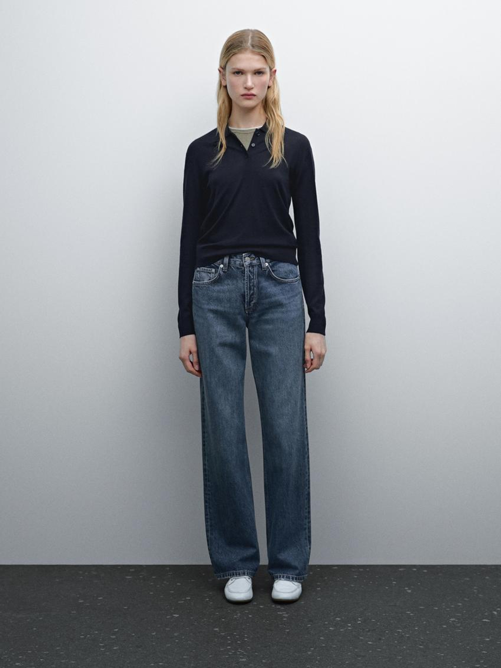 Massimo Dutti Свитер из 100% шерсти с воротником поло и пуговицами, темно-синий