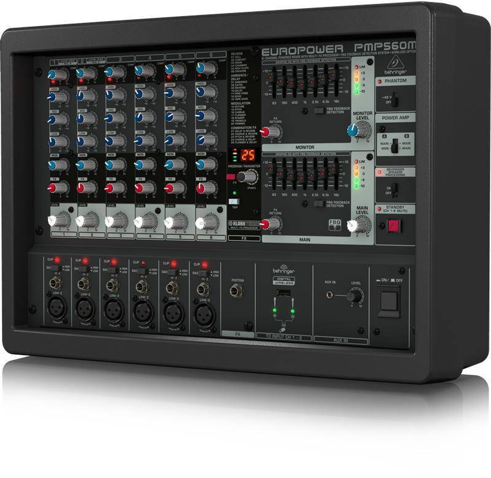 BEHRINGER EUROPOWER PMP560M активный микшер, 500 Вт, 6 каналов, процессор эффектов, функция подавления обратной связи, опции бес