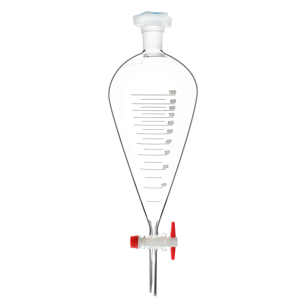 Воронка делительная грушевидная, 1000 мл, шлиф 29/32, с PTFE краном и пробкой