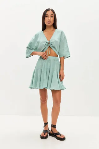 Юбка мини из хлопка stone wash мятного цвета