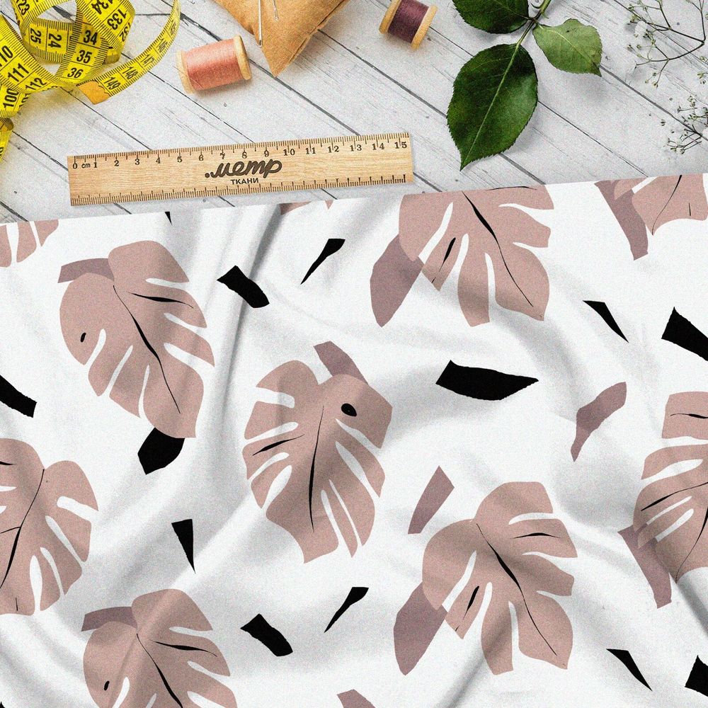 Ткань таффета листья монстеры пудровые