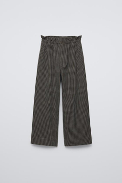 ZARA БРЮКИ В КЛЕТКУ СО СБОРКОЙ НА ТАЛИИ, КОРИЧНЕВЫЙ