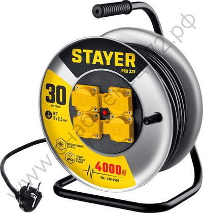 STAYER PRO 325 КГ 3х2.5 30м 4000Вт IP44, Силовой удлинитель на стальной катушке (55076-30)