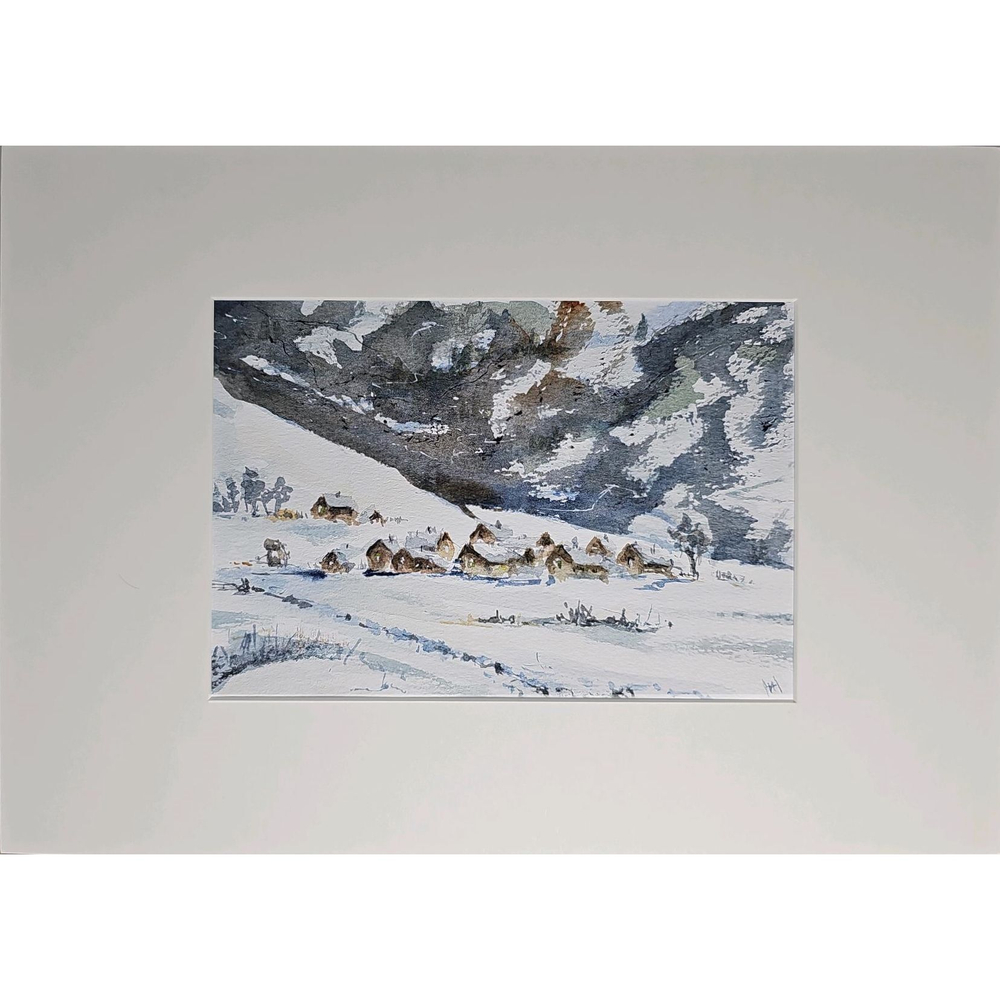 Картина авторская акварельная в паспарту 21х30 см на стену для интерьера "Деревенька"