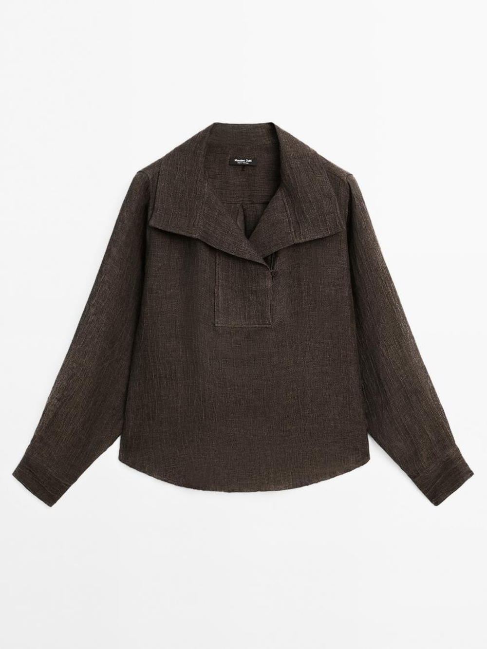 Massimo Dutti Блуза из 100% льна с деталью на груди, коричневый