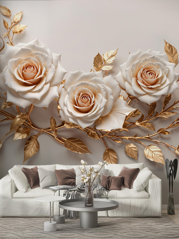 3D Фотообои Розы и золотые листья