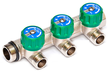 Коллектор Uni-Fitt 3/4"х1/2" - 3 выхода «плоское уплотнение» никелированный с вентилями 411N3230