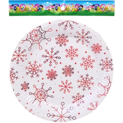 Тарелка бумажная 18 см в наборе 10 шт «Снежные искры», красный