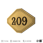 Номерок на дверь квартиры 209, для кабинета, офиса, шильдик 9 х 7 см, золотистый, Айдентика Технолоджи