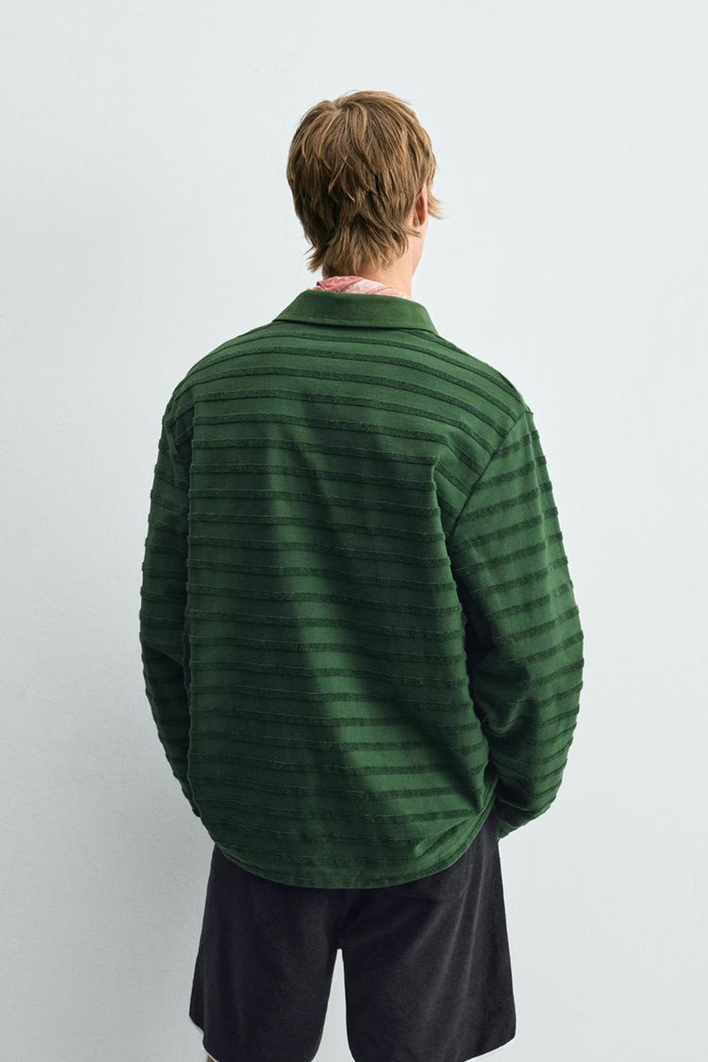 ZARA ПОЛО ЖАККАРДОВОЕ В ПОЛОСКУ, ЗЕЛЕНЫЙ