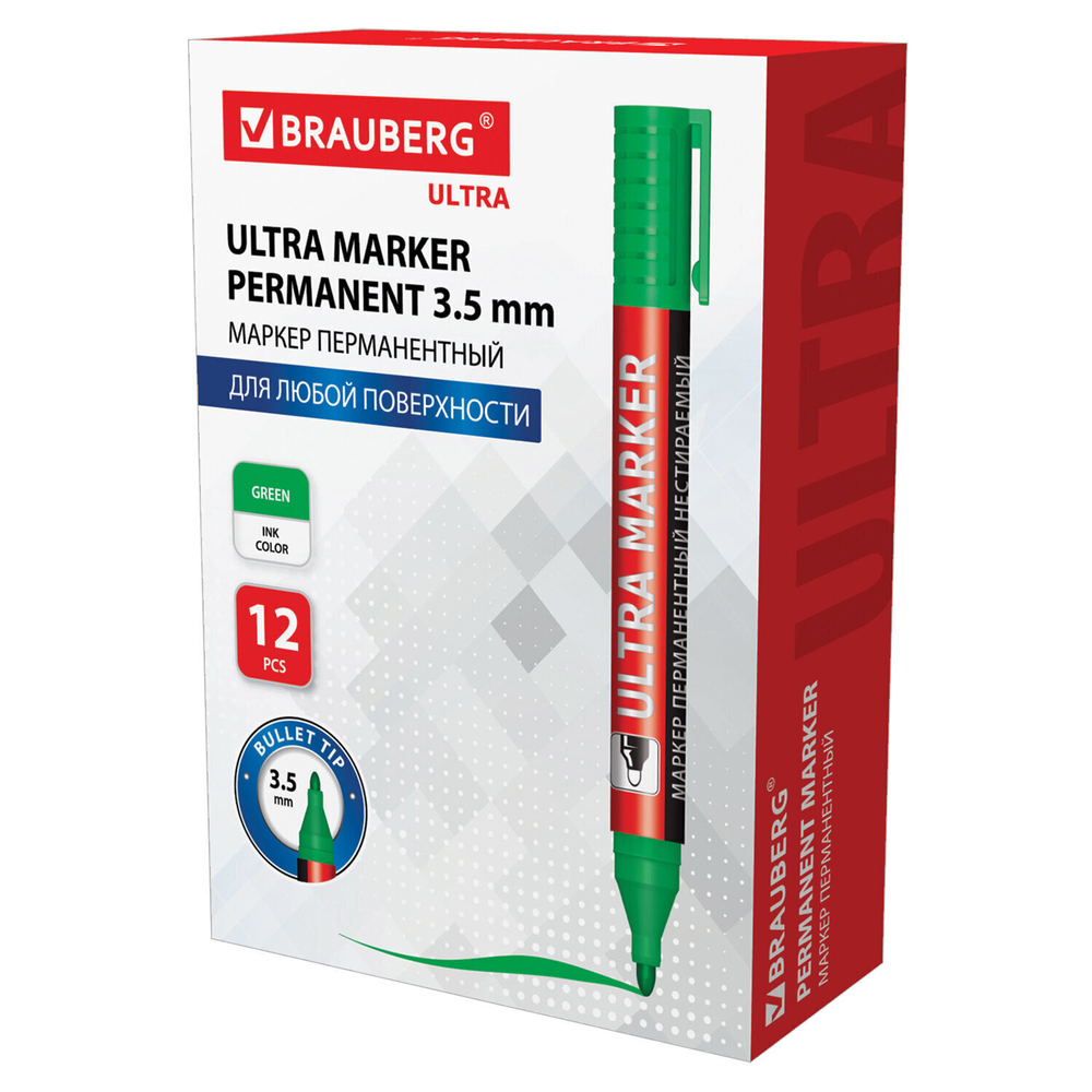 Маркер перманентный ULTRA MARKER зеленый 3 5 мм с клипом BRAUBERG (24 штуки в упаковке)