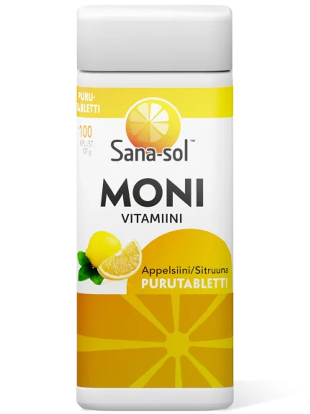 Пищевая добавка Sana-Sol Moni vitamiini 100 таб, Санасол Муни Апельсин/Лимон, содержит 11 витаминов и 7 минералов, не содержит лактозы и глютена