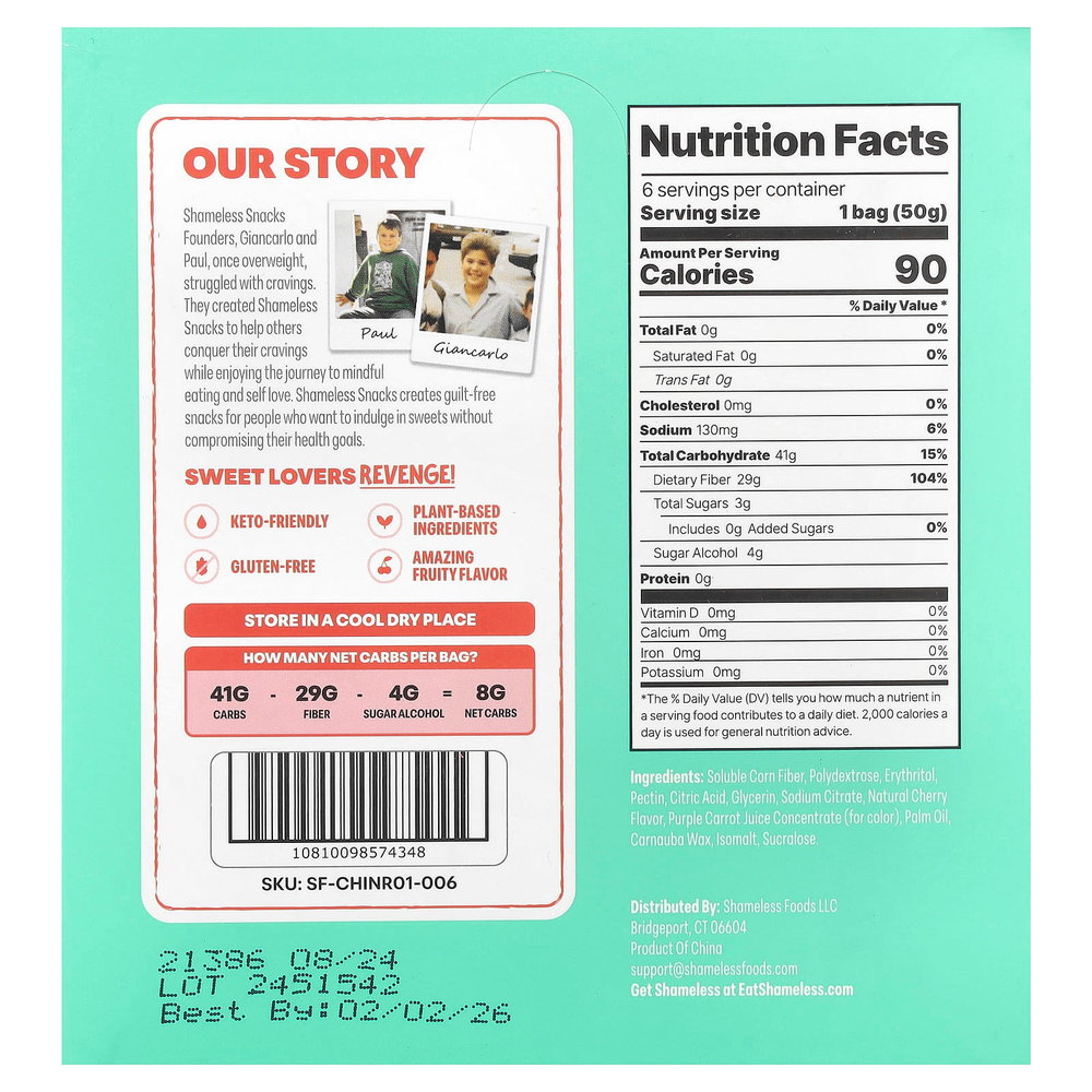 Shameless Snacks, жевательные конфеты, со вкусом вишни, 6 пакетиков по 50 г (1,8 унции)