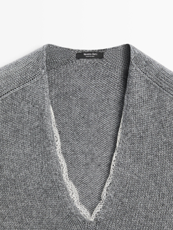 Massimo Dutti Свитер из трикотажа с короткими рукавами и отделкой кружевом, серый