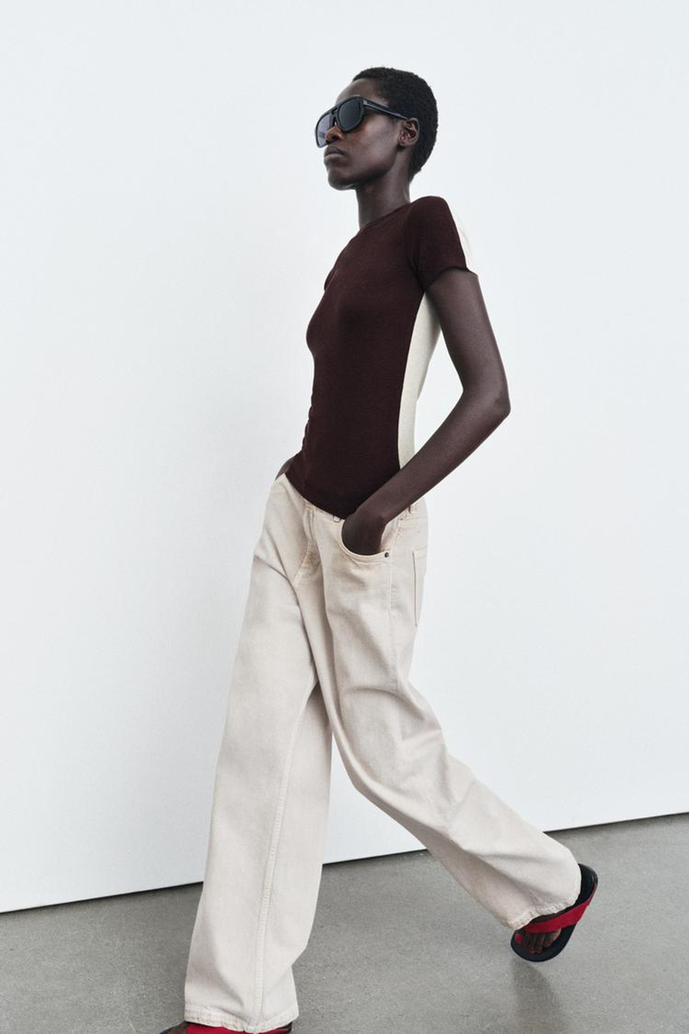 ZARA КОМБИНИРОВАННАЯ ФУТБОЛКА С КОРОТКИМИ РУКАВАМИ, БЕЖЕВО-КОРИЧНЕВЫЙ