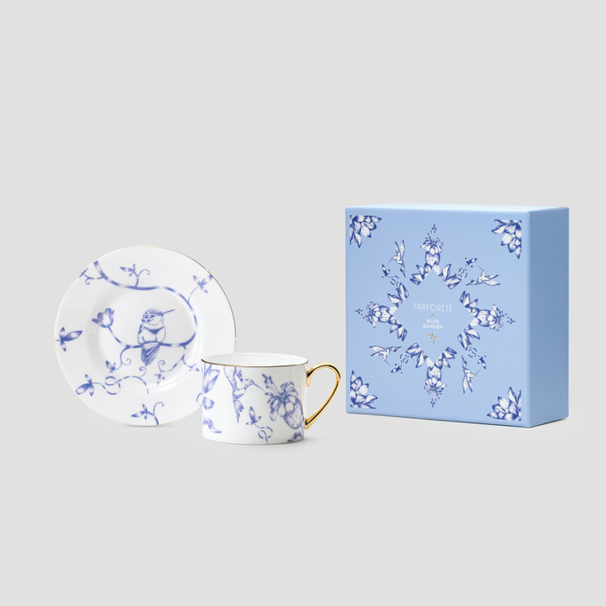 Чайная пара Farforite «Белая / Лазурный сад / Blue Garden» 250 мл в подарочной коробке
