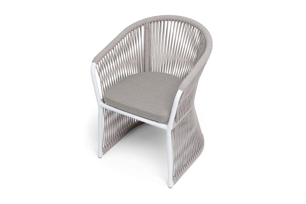 "Романо" стул плетеный из роупа, каркас алюминий белый муар, роуп бежевый круглый, ткань бежевая 15052