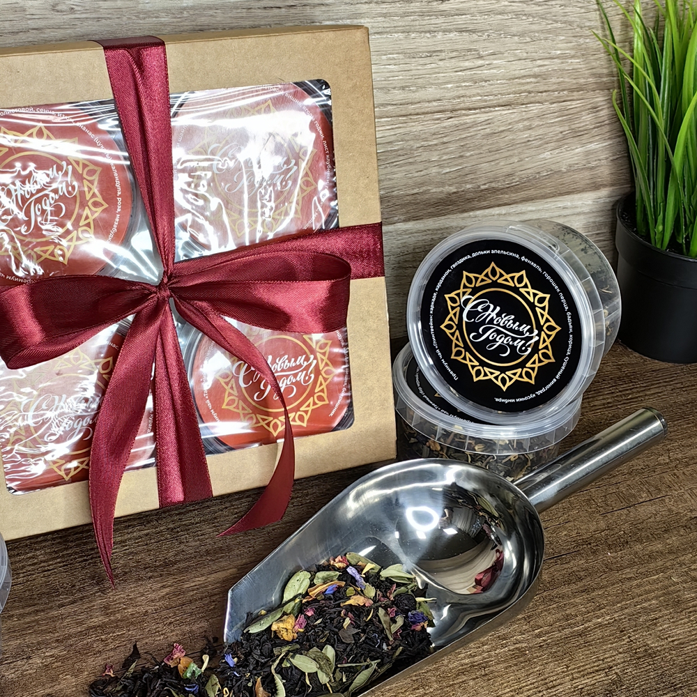 Подарочный набор премиум чая 4 штуки в коробке с логотипом с окном и лентой