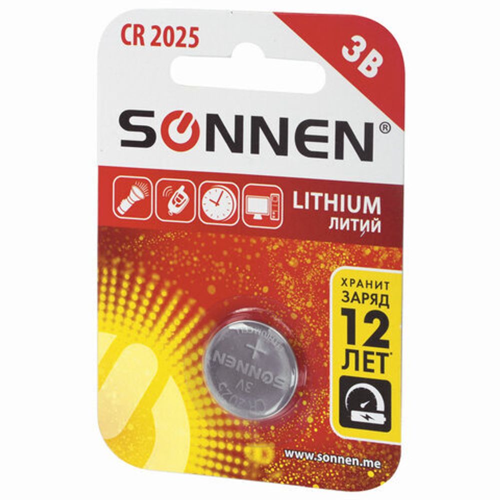 Батарейка литиевая SONNEN Lithium CR2025 "таблетка, дисковая, кнопочная" 1 шт., блистер, 451973