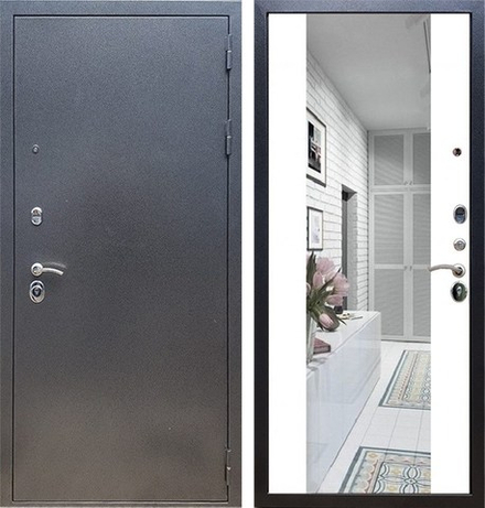 Входная металлическая дверь с зеркалом RеX (РЕКС) 11 Практик Антик серебро / зеркало СБ-16 Силк сноу (белый матовый,без текстуры)
