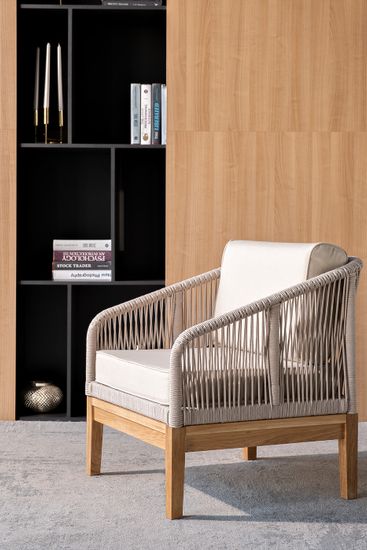 "Канны" кресло плетеное из роупа, основание дуб, роуп бежевый круглый, ткань бежевая 15052