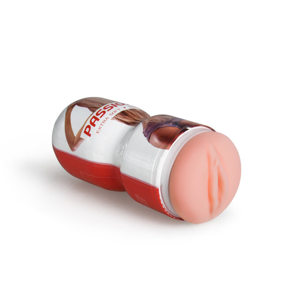 Мастурбатор-вагина в пластиковом футляре Passion Cup (Цвет: красный с белым)