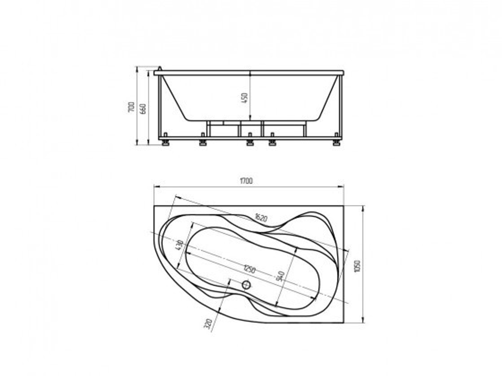 Ванна акриловая асимметричная ВЕГА 170х105 AQUATEK (с каркасом и фронтальной панелью)