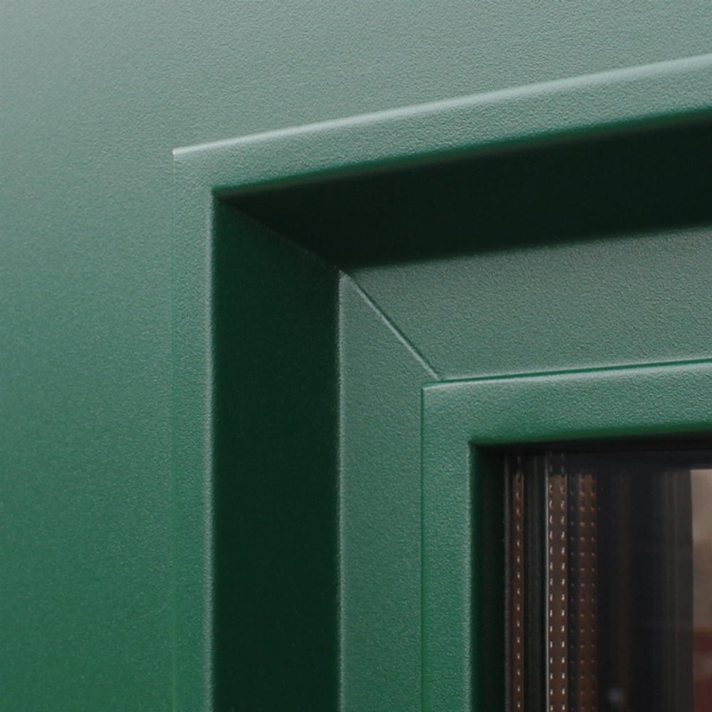Входная уличная дверь с терморазрывом  Олимп 3К стеклопакет с английской решеткой муар ЗЕЛЕНЫЙ снаружи / серый муар Лайт софт грей