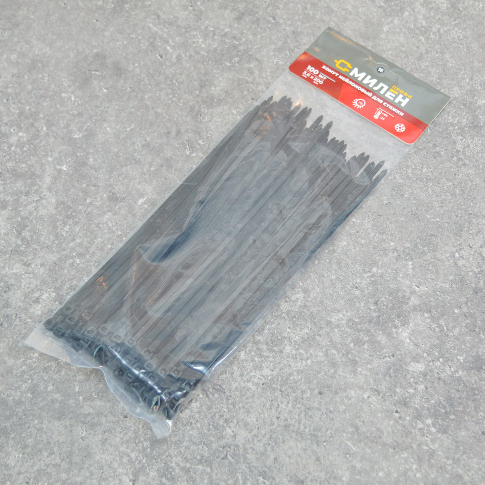 Хомут-стяжка 100шт 3,6*200мм черный, нейлон, "Милен"