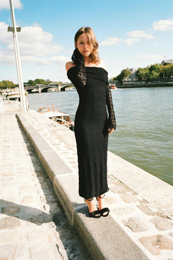 ZARA КРУЖЕВНОЕ ПЛАТЬЕ БЕЗ БРЕТЕЛЕЙ, ЧЕРНЫЙ